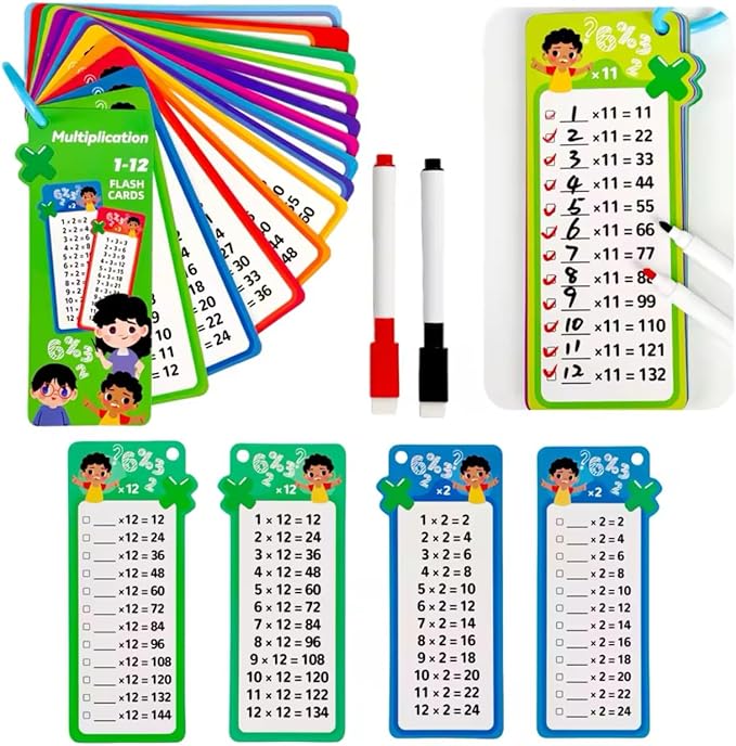 Multiplication Flash Cards 0-12 with Dry Erase Markers, Educational Math Learning Tool, Rainbow Coloured Cards