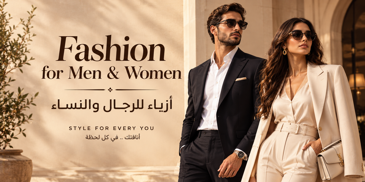 A promotional fashion banner featuring a man in a black suit and a woman in a cream-colored blazer and trousers, both wearing sunglasses. The left side contains Arabic and English text reading 'Fashion for Men & Women' and 'STYLE FOR EVERY YOU'.